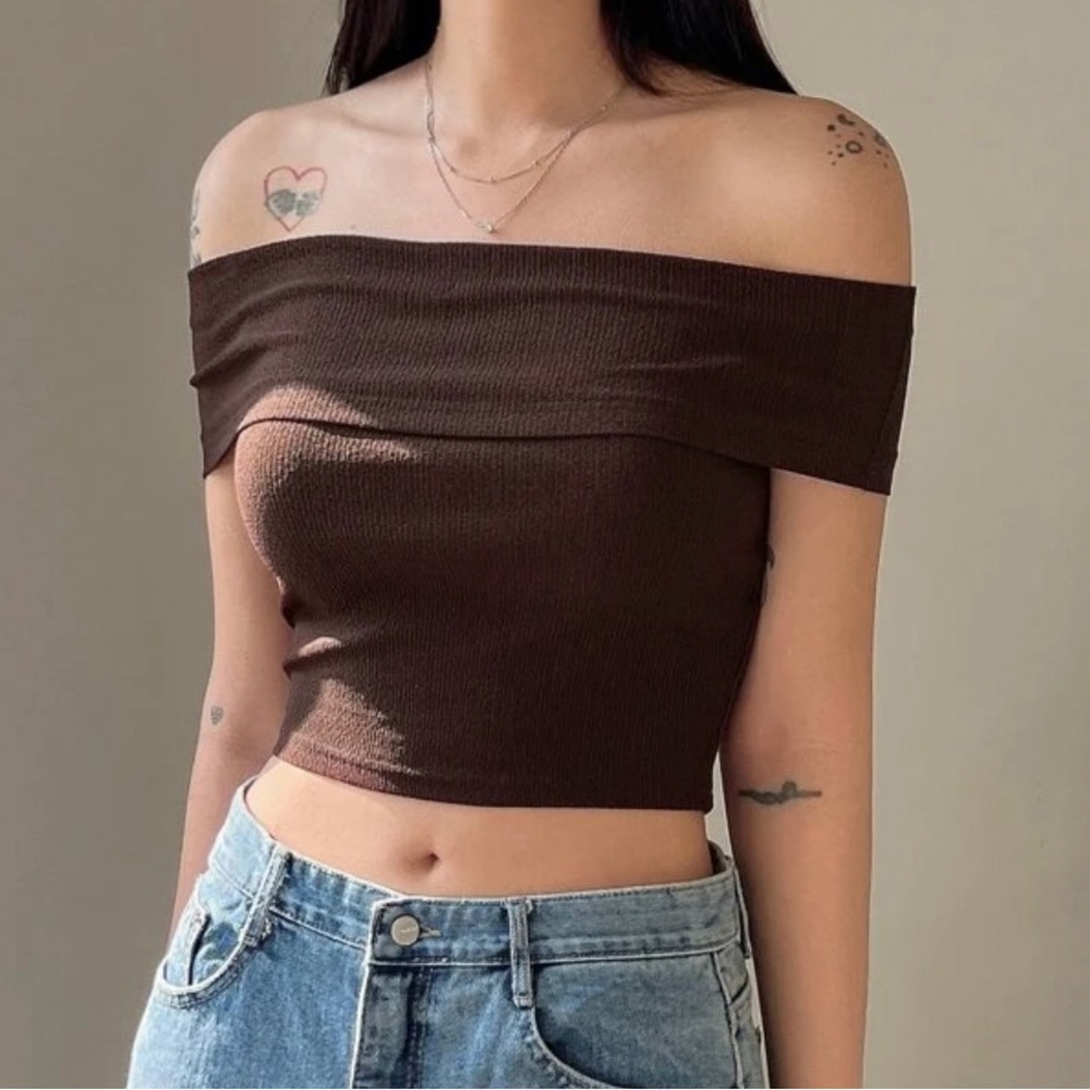 Brown Off the Shoulder Crop Top